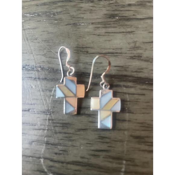 silver cross earrings with inlaid mother of pearl earrings vintage jewelry  .925 - Picture 2 of 7